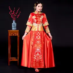 Красное свадебное платье невесты в китайском стиле Cheongsam традиционная леди длинное Ципао Вышивка женское вечернее платье для свадьбы