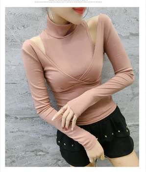 

2019 Spring Long Sleeve Hollow Out Shoulder t-shirts Women Sexy Slim Body Cutout t-shirts Lady Sexy Hollow Out white Tops