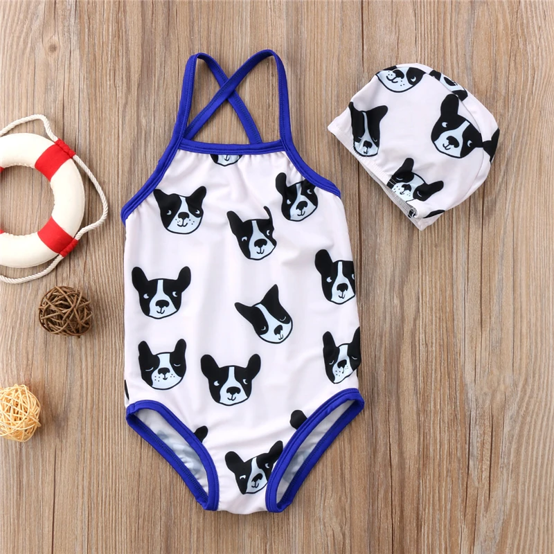

Summer Kids Baby Girl Boy Swimwear Matching One Piece Swimsuit Bulldog Swimming Shorts Hat Children One-Piece Suits Bathing Suit