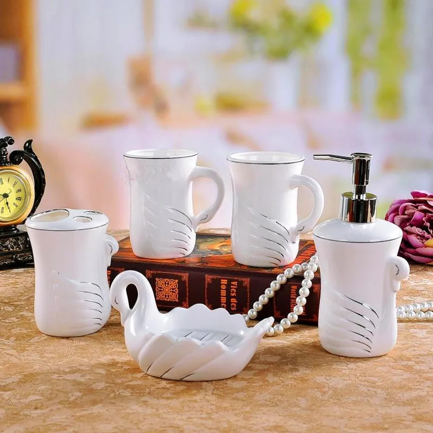 Jingdezhen Bone Китай аксессуары для ванной набор из 5 предметов керамический набор для ванной комнаты в форме лебедя белый набор для ванной