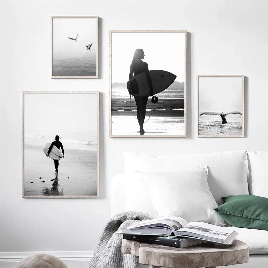 

Black White Girl Surfboard Beach Seagull Wall Art Print Canvas Painting Nordic Posters And Prints Wall Pictures For Living Room