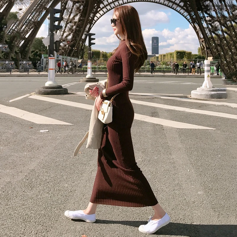 

Women's Fashion Sexy Knitted long Dresses 2019 Spring New arrival Slim Elastic O-Neck Long Sleeve Casual Ladies Bodycon Dresses