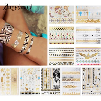 

11 Sheets Metallic Tattoo Temporary Flash Sticker Elephant Skull Flower Lace Style Necklace Bracelet Tattoo Body Art Sticker New