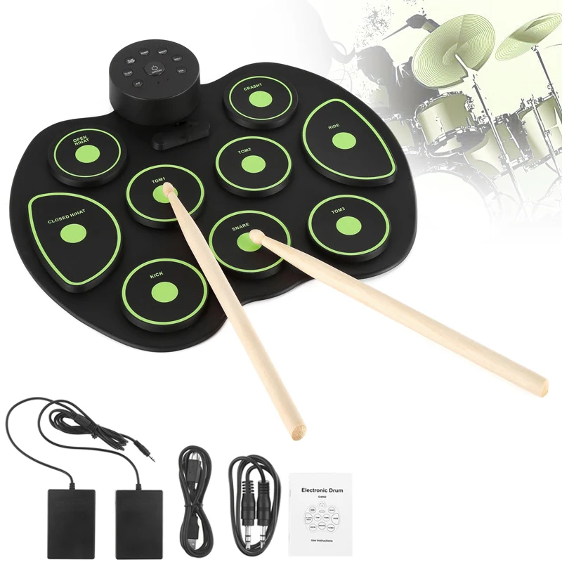 

Portable Electronic 9 Pads Roll up Silicone Drum with Drumsticks and Sustain Pedal Children Students Practice Drum