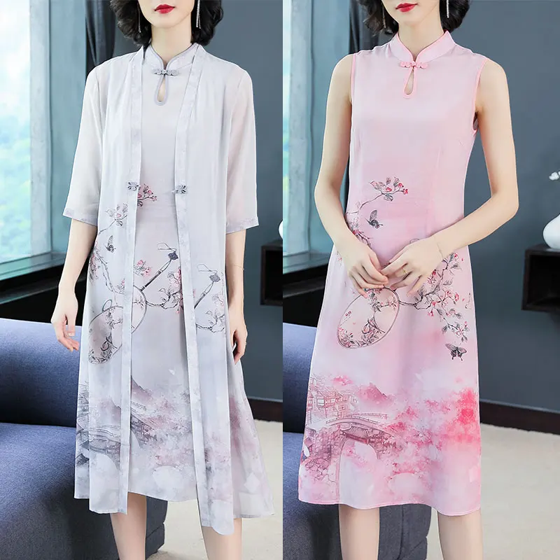 

Sleeveless Dress with Cardigan 2 Piece Set Dresses Suits Print Floral Elegant Vintage Chinese Plus Size Big 2019 Summer Clothing
