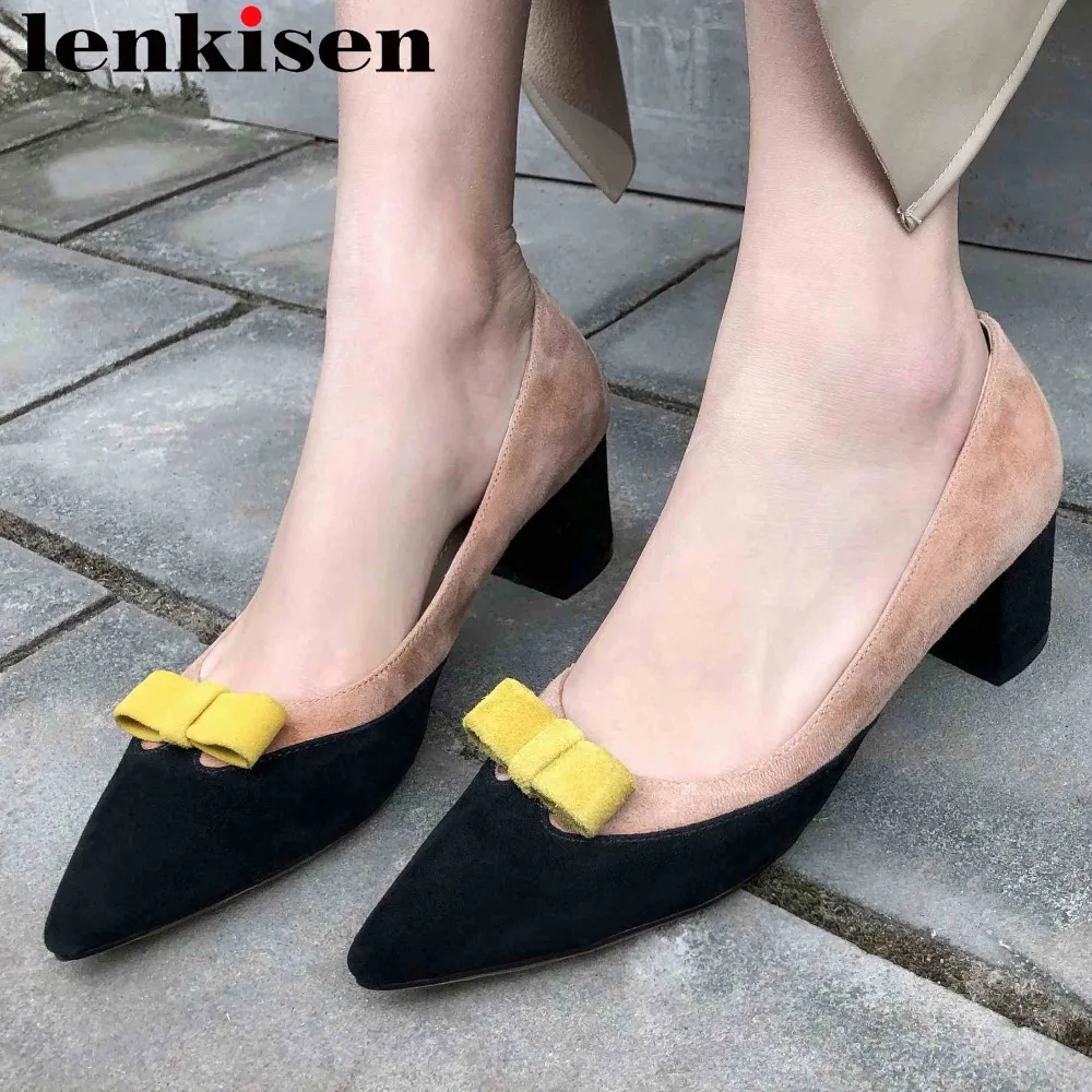 

Elegant lady mixed colors natural leather med heels pointed toe slip on pumps butterfly-knot decoration dress party shoes L06