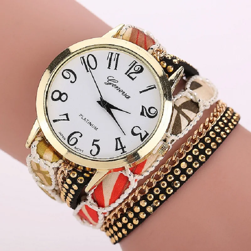 

TOP Big Dial Flowers Band Wrap Large Strap Bracelet Geneva Style Watch Student Fashion Girl Wristwatches quartz montre Alloy
