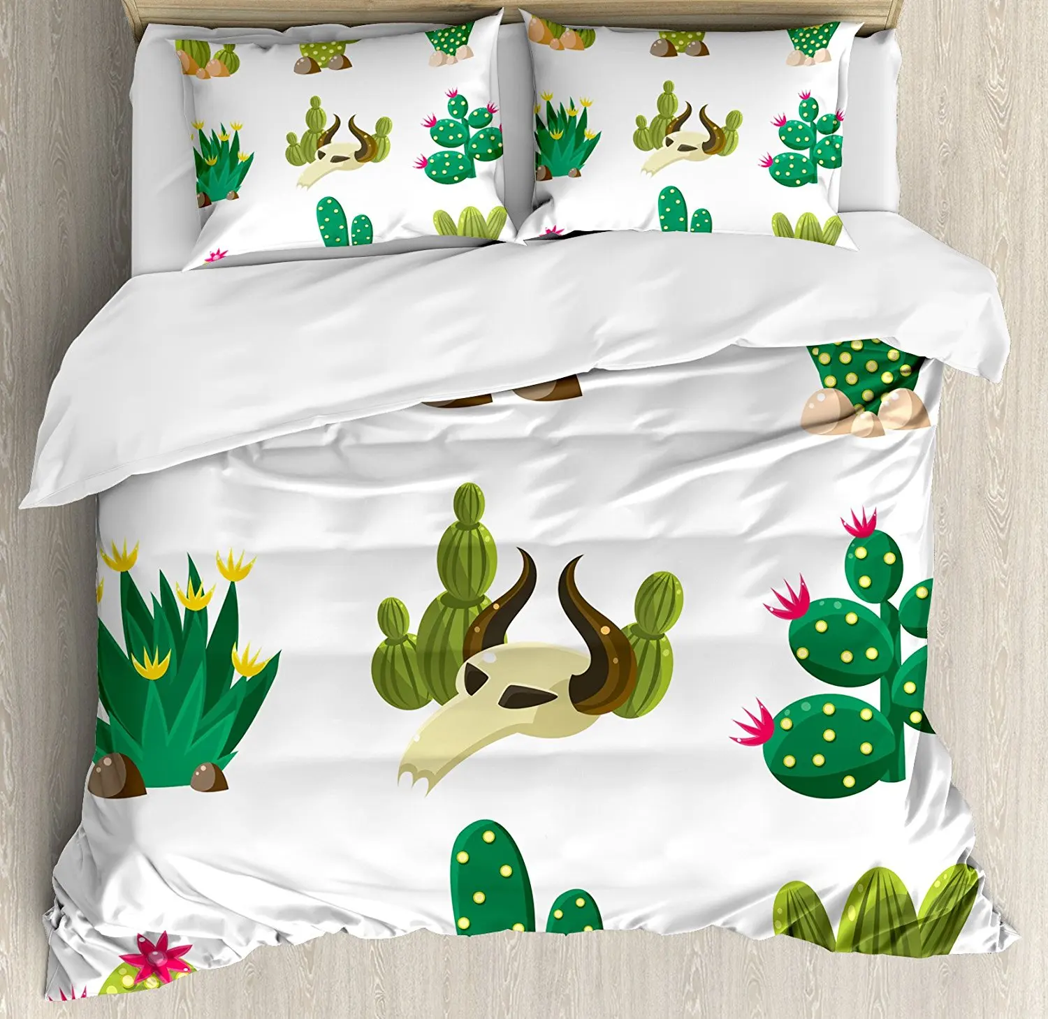 

Cactus Duvet Cover Set Mexican South Desert with Animals Cactus Plants Skeletons Flowers Cartoon Image 4 Piece Bedding Set