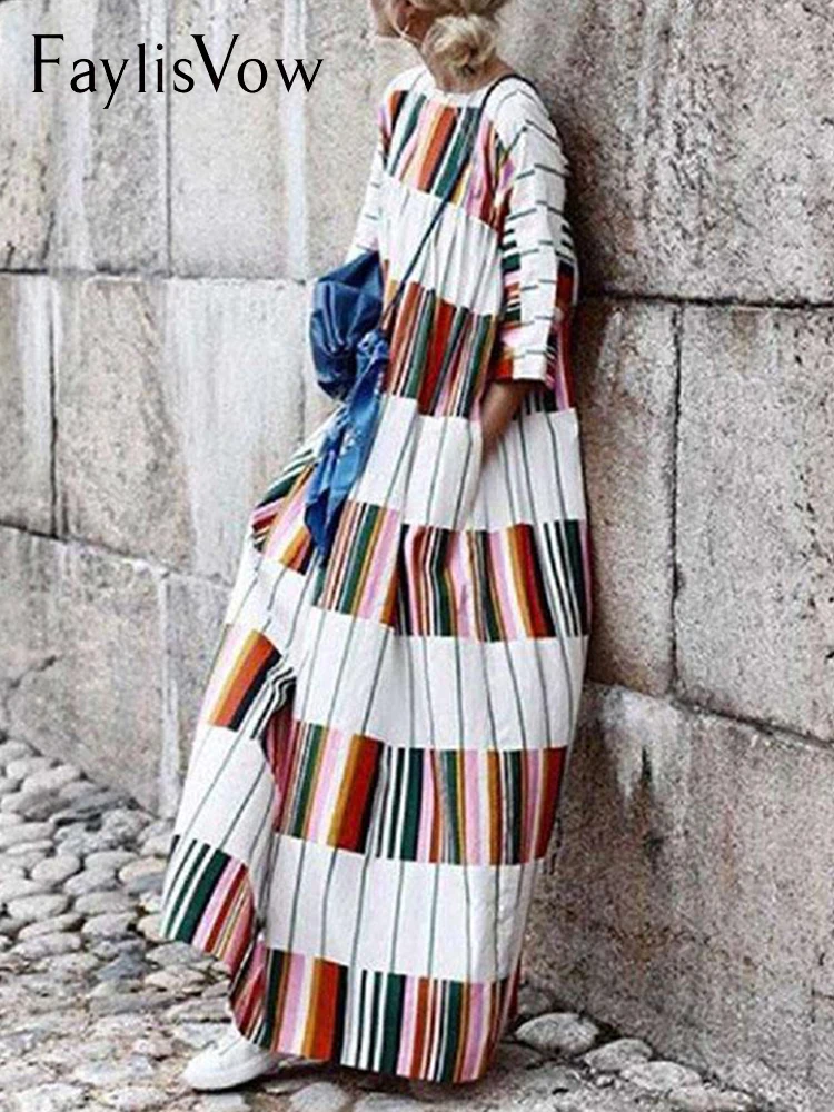 

Bohemian Long Sleeves Striped Maxi Dress Loose Casual Women's O Neck Elegant Patchwork Dresses Vestido Sukienki Plus Size