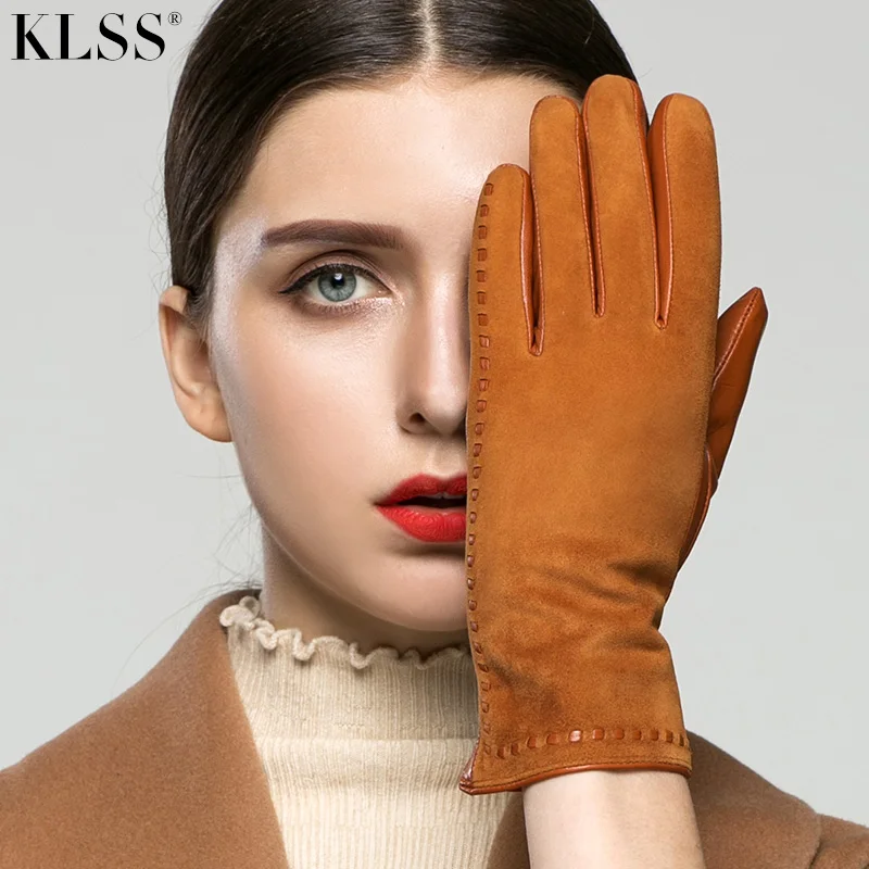 KLSS Брендовые женские перчатки из натуральной кожи, Модные Элегантные замшевые перчатки из козьей кожи, зимние теплые бархатные перчатки с пятью пальцами W2329