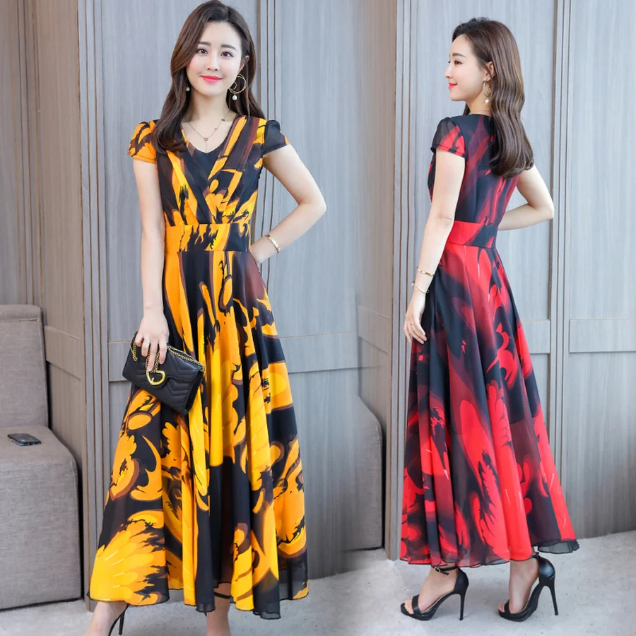 2019 винтажный шифоновый Boho Макси Сарафан большого размера пляжный отдых миди