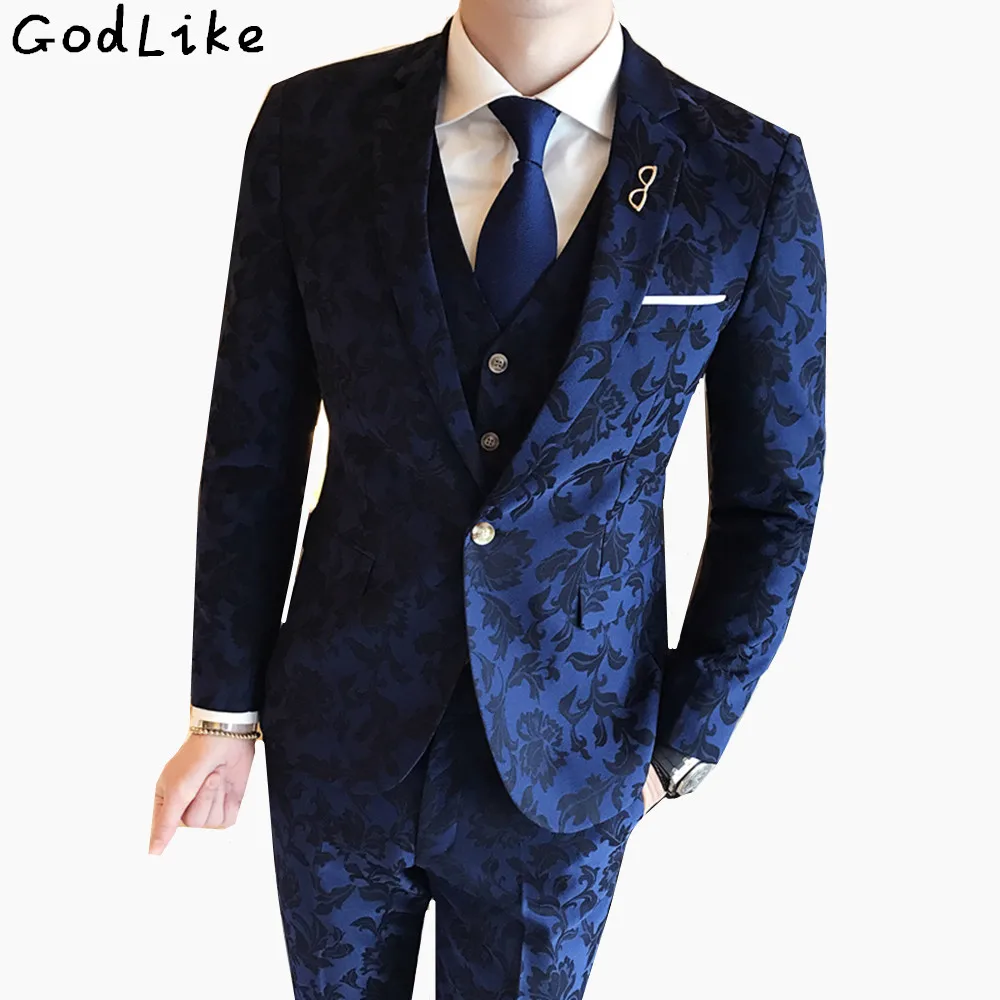 

(Blazer+Pants+Vest) 2018 Fashion Men's Suit Shine Patterns Luxury Casual Men Stage Clothing Vintage Male Suits Wedding Groom 3XL