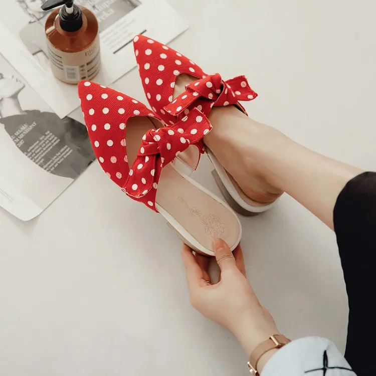 

PXELENA Design Polka Dot Mules Shoes Girls Collegiate Pointed Toe Bowtie Square Low Heels Mules Slides Women Summer Slippers New