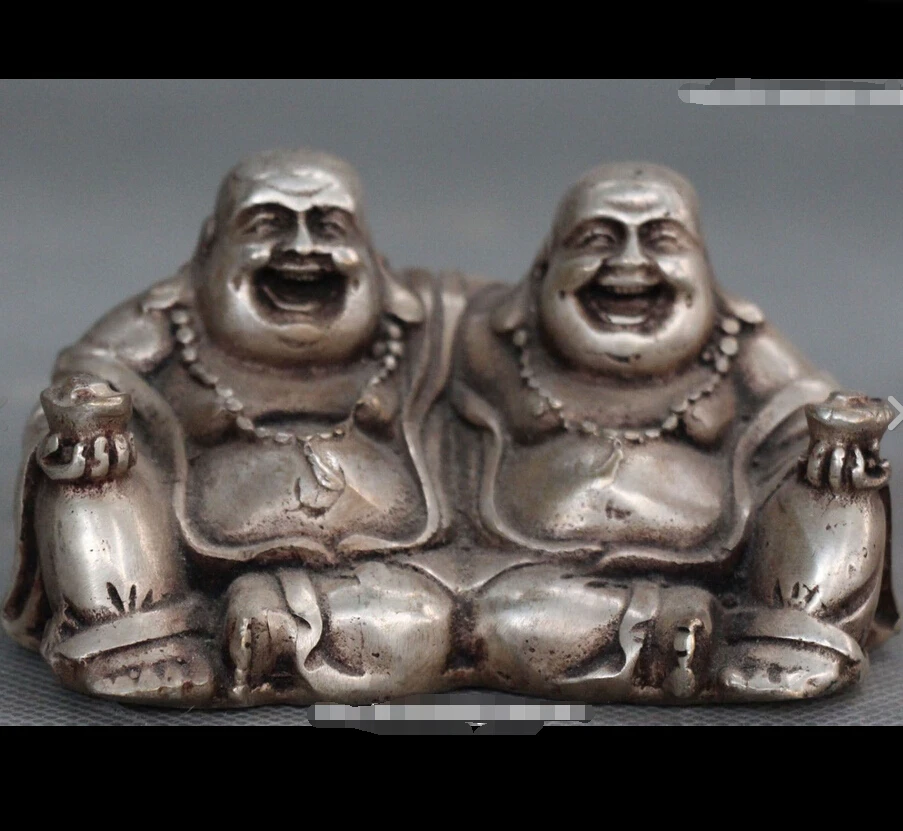 

wan6710952+++Chinese Silver Wealth Happy Laugh Double Maitreya Buddha Hold Yuanbao Statue