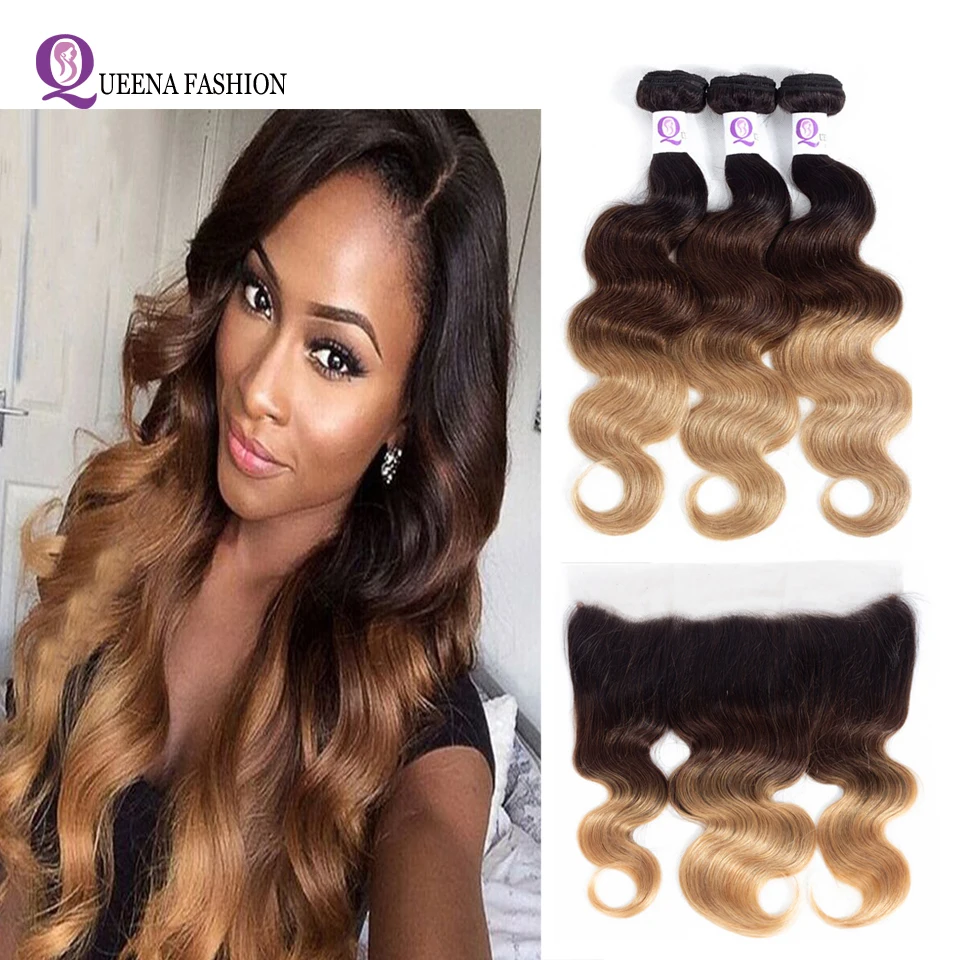 

T1b/4/27 Three Tone Color Ombre Hair Bundles With Frontal Peruvian Body Wave 100% Human Hair Bundles With Frontal Closure