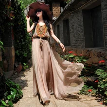 [Линетт шинуазери-бошоу] Летний дизайн женское розовое богемное экзотическое винтажное шифоновое макси платье на бретелях с вышивкой