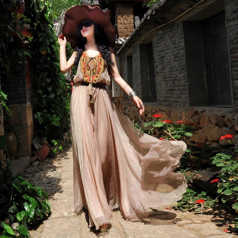 

[ LYNETTE'S CHINOISERIE - BOSHOW ] Summer Original Design Women Pink Bohemia Embroidery Exotic Vintage Chiffon Maxi Tank Dress