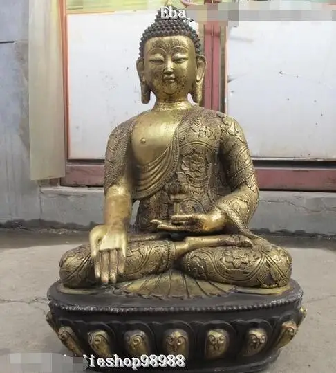 

30"Tibet Folk Bronze Gilt carve Lotus Rulai Sakyamuni Buddha Statue