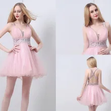 Лучшие продажи высокое качество реальные фотографии милая кристалл бисера розовый ну вечеринку мини-пром платья коктейльные платья