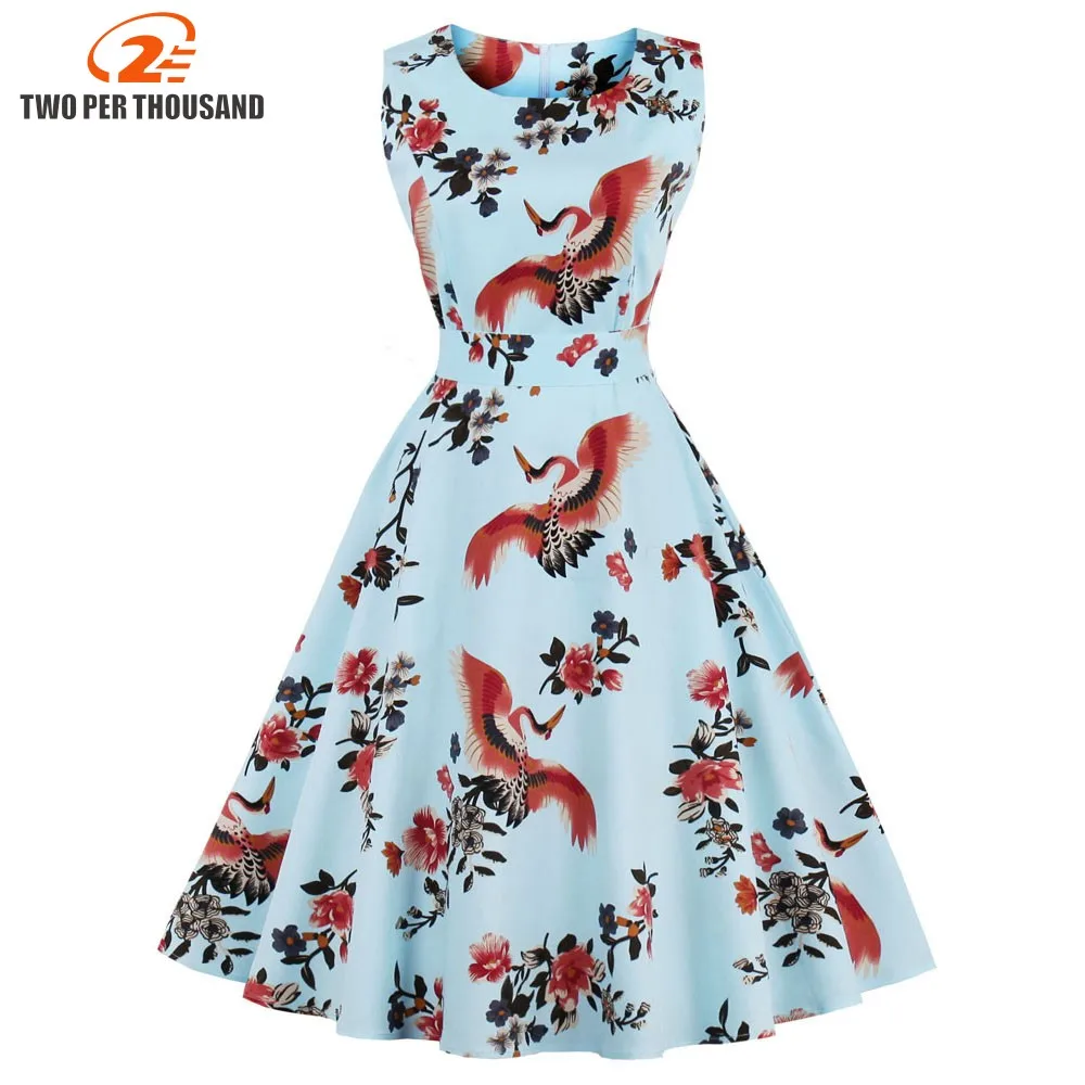 

Plus Size 4XL 3XL Women Retro Dress 50s 60s Vintage Rockabilly Swing Feminino Vestidos Embroidery Flamingo Print Party Dresses
