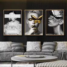 Golden Antlers Woman Model Abstract Canvas Painting Posters Fashion Sexy Beauty Art Print Poster Wall Picture for Home Unframed