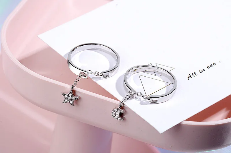 Stainless Steel Rings For Women Korean Fashion Moon Stars Zircon Opening Rings Modern Women Jewelry Adjustable Engagement Ring