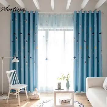

Bedroom Window Blackout Blue Curtain and tulle for Living Room Kids Child Door Curtains Ready Kitchen Cartoon Light Print Drapes