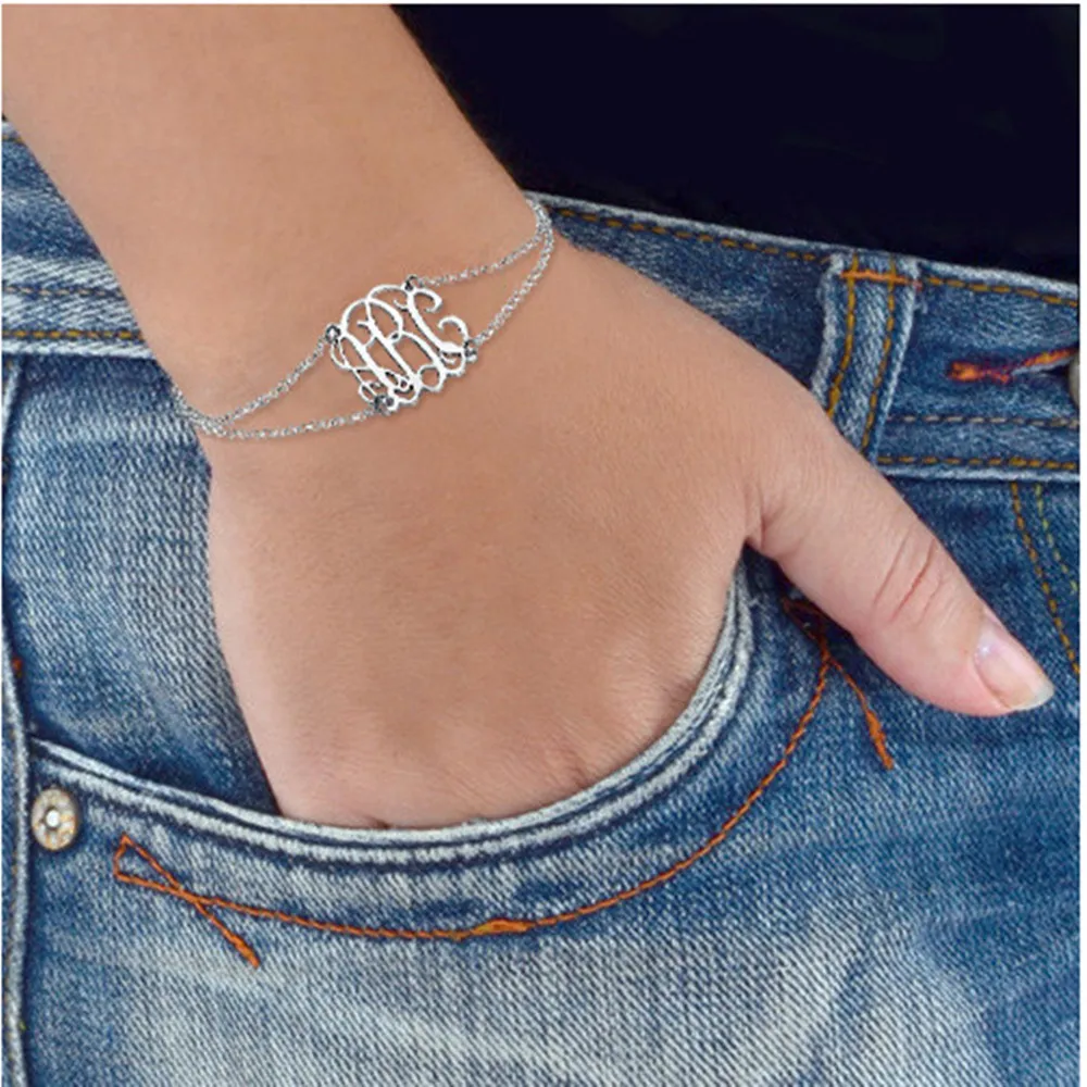 Custom Monogram Initial Bracelet Silver Double Chain Bracelets for Women,Personalized Pulseiras ...