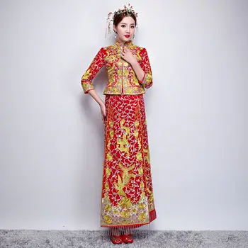 

Luxury ancient Royal Red Chinese wedding dress Traditional Bride Embroidery Cheongsam Women Oriental Dragon Phoenix QiPao S-XXXL