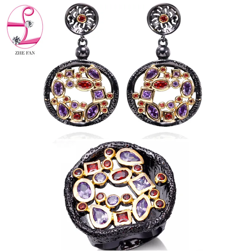 

ZHE FAN Round Noble Jewelry Sets Violet Red Vintage CZ Zirconia Black Gold Color Ring Long Dangle Earring Sets For Valentine Day