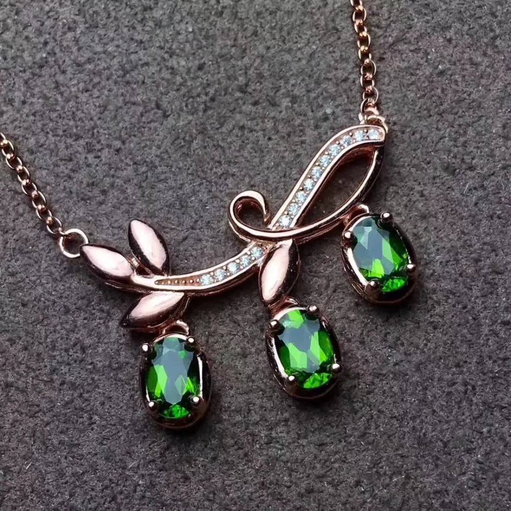 Naturel vert diopside élégant feuilles collier naturel pierre gemme pendentif collier S925 argent f