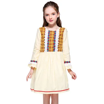 

Korean version of the girls dress cotton splice plaid dress round collar lace children's dress