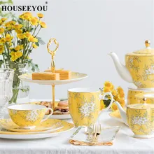 HOUSEEYOU, британская послеобеденная черная чайная чашка, блюдце, набор, высокое качество, костяной фарфор, лимонный цвет, цветочный узор, классический английский кофейный набор