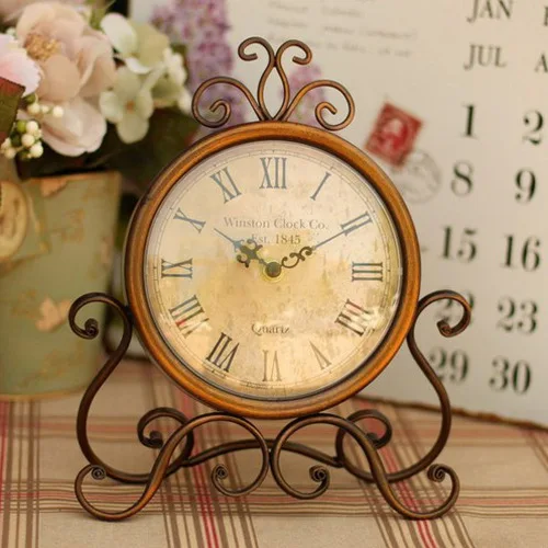 European pastoral style iron antique style desk clock bronze mute table clock study home decoration European pastoral style iron antique style desk clock bronze mute table clock study home decoration