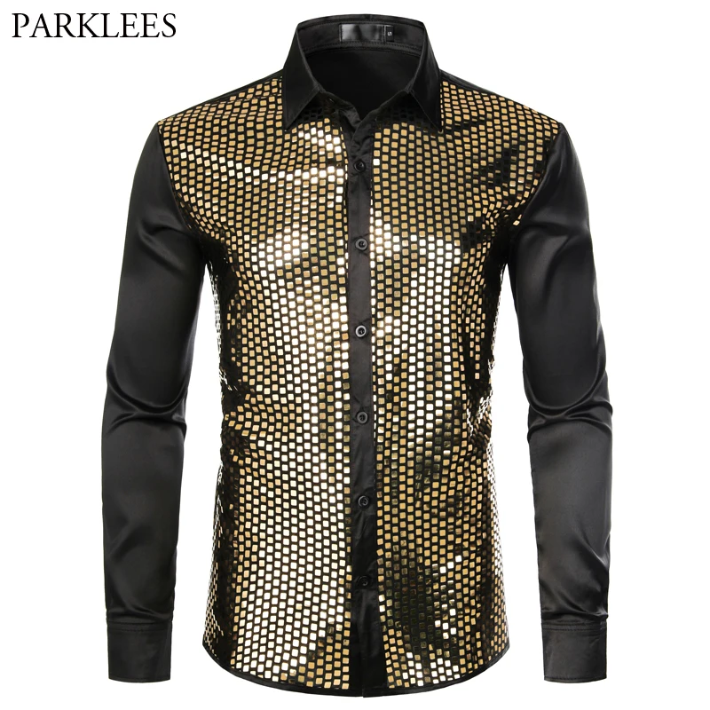 Shiny Gold Sequin Black Silk Dress Shirts Men Long Sleeve Button Down Shiny Disco Party Shirts Male Nightclub Party Prom Chemise