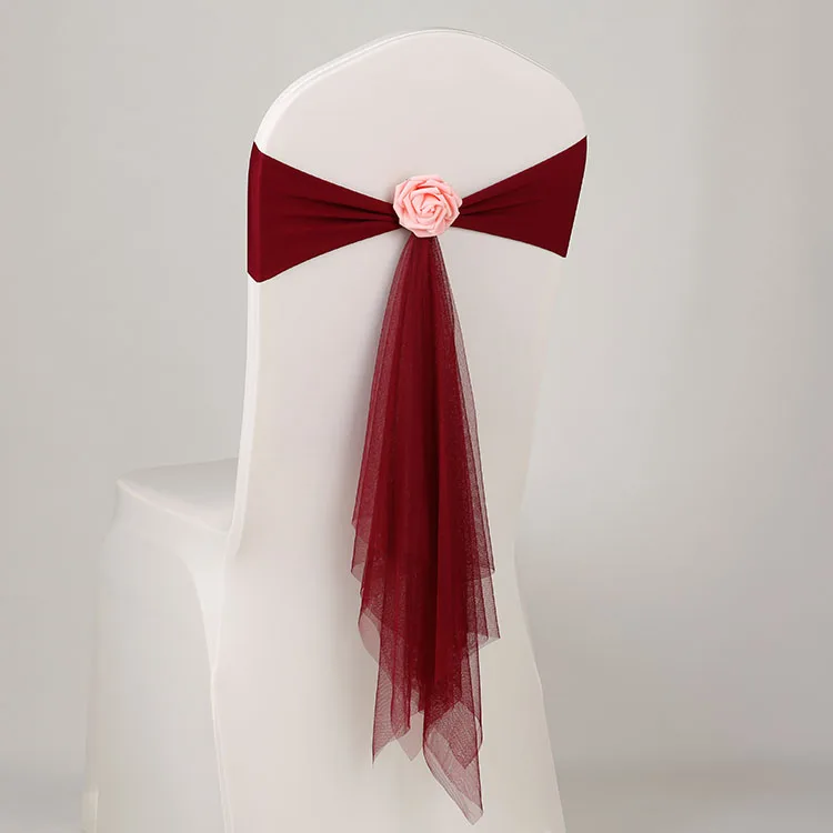 100pcs/lot Lycra chair sash butterfly bow tie with rose ball for wedding chairs decoration spandex band stretch bow tie - Цвет: BURGANDY