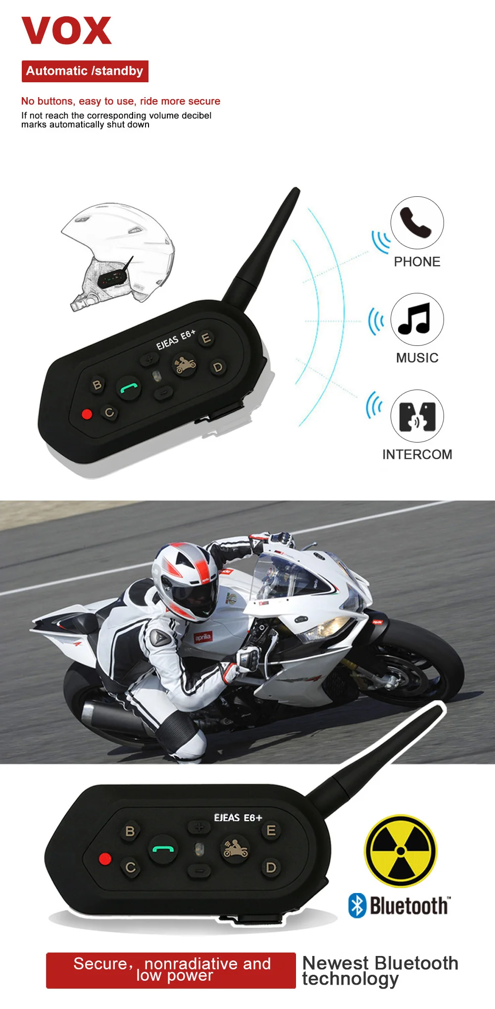 EJEAS E6 Plus мотоциклетный домофон 1200 м коммуникатор Bluetooth Шлем переговорные гарнитуры VOX с пультом дистанционного управления для 6 гонщиков