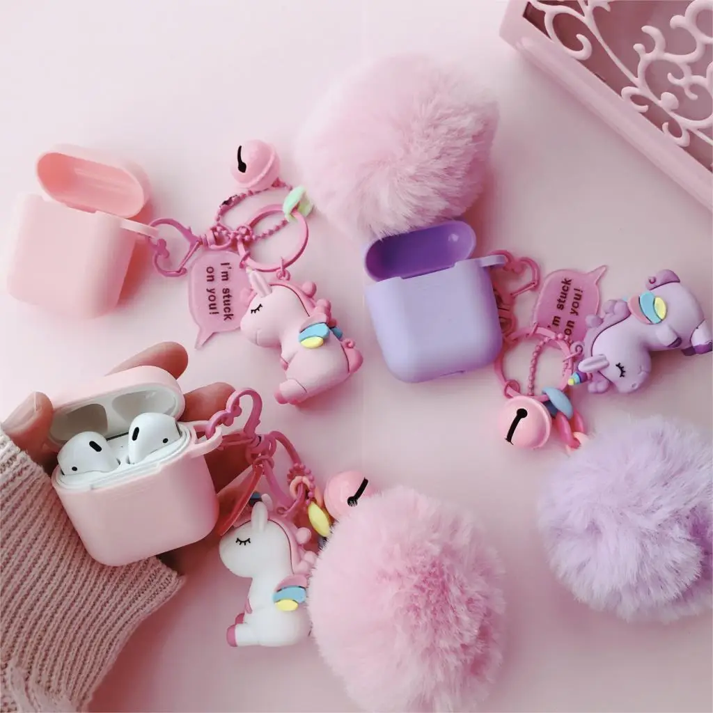 

For airpods earphone Cute Unicorn toy bag, for iphone airpods protect cover, phone hook up strap Cartoon string Bell keychain