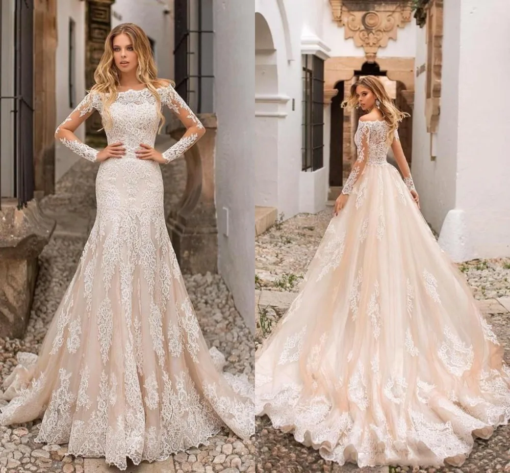 

Beautiful Champagne Mermaid Wedding Dresses Off Shoulder Lace Appliques Sheer Long Sleeves Tulle Long Bridal Gowns