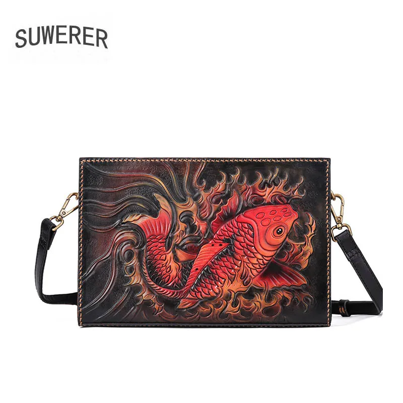

SUWERER women genuine leather bag top cowhide Hand Carved women handbags fashion Luxury clutch bag women leather Envelope bag