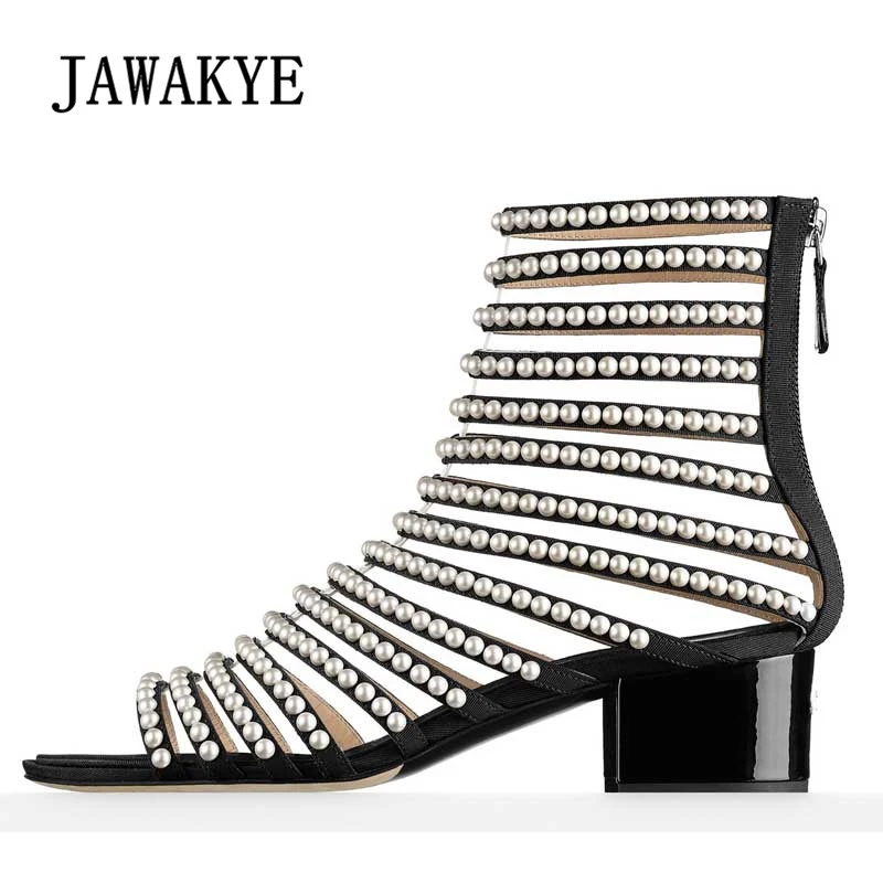 Newest Retro Pearl Ankle Boots Summer For Women Peep Toe Bead Strap Low Heel Shoes Woman Fashion Gladiator Sandals 