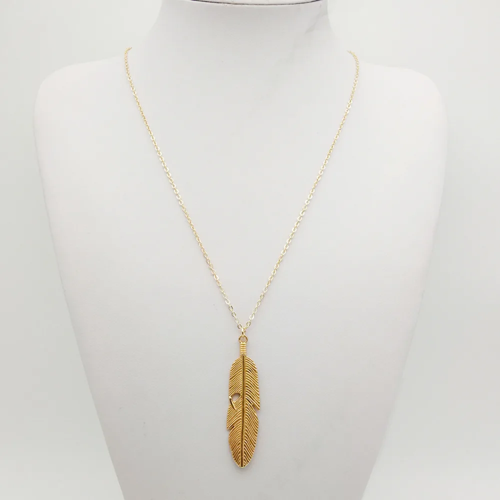 Простой Классический лист кулон ожерелье с перьями длинный свитер ювелирные изделия с цепочкой золото/серебро цвет ожерелье для женщин
