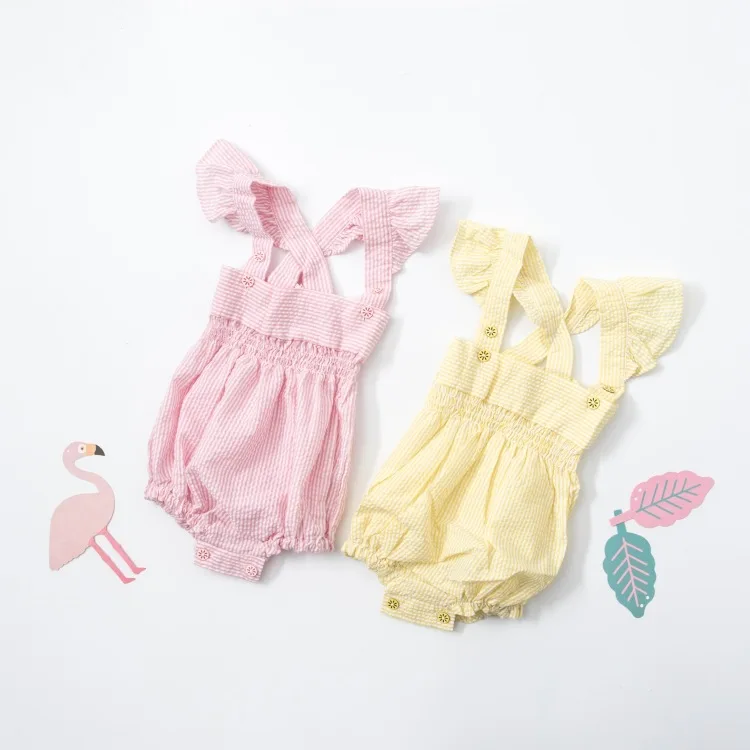 

2017 Spring Toddler Baby Girls&boys Ruffles Overalls Kids Baby Linen Clothing Cute Baby Rompers One Piece striped Rompers Infant