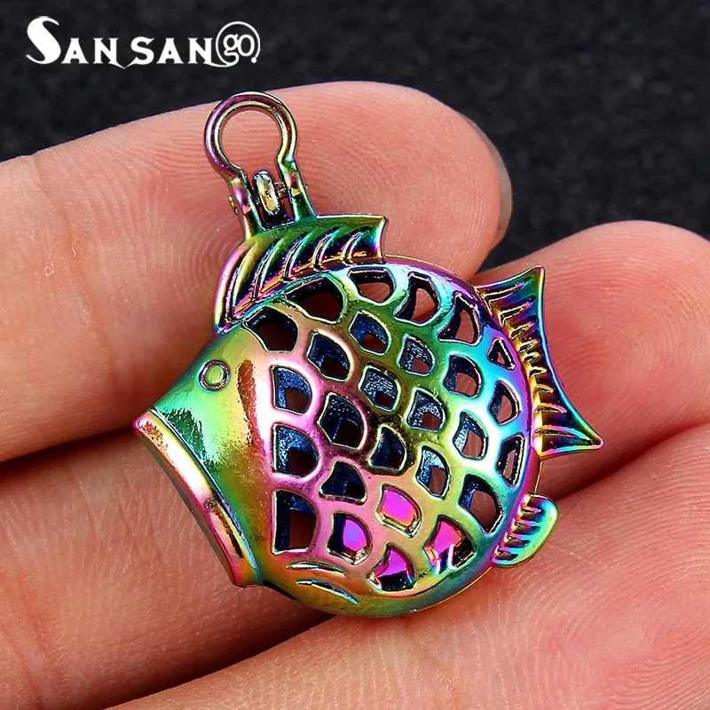 

1pcs Trend Rainbow Color Rat Fish Pendant Pearl Cage Essential Oil Diffuser Locket Making DIY Man Women Necklace Jewelry Gifts