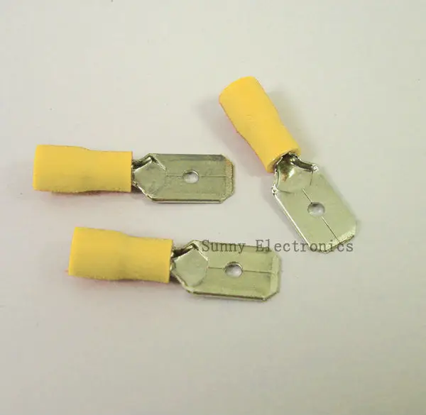 Желтый изолированный 6,3 мм 1/" Папа лезвие обжимные клеммы кабель/провода разъемы 12-10AWG 1000 шт./лот