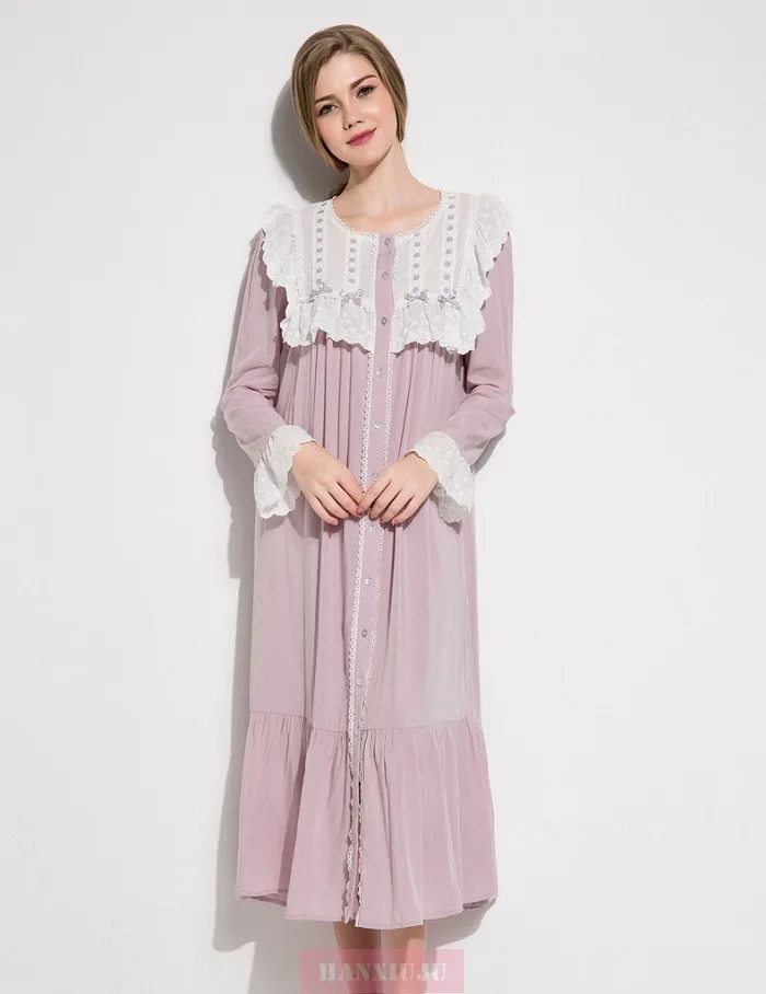 Осенние женские ночные рубашки «Принцесса» с длинным рукавом хлопок тонкий светло фиолетовый королевский пижамы Весна 1116