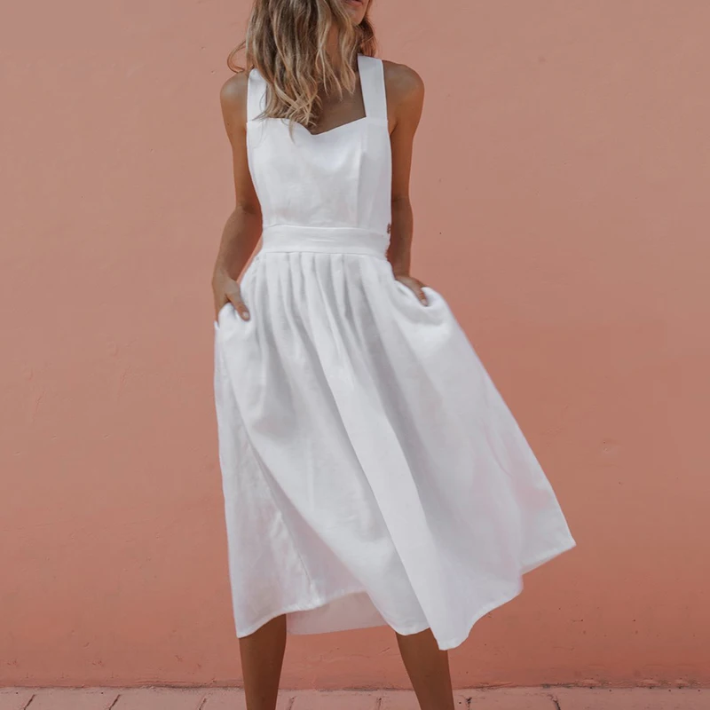 

Womens Lace Up Backless Midi Dress Ladies Pleated Summer Beach Swing Sun Dress