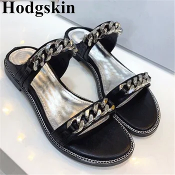 

Luxury Chain Metal Decoration Slip On Women Slippers Beach Holiday Party Dress Ladies Shoes Flat Soft Solid Rome Style Sandals