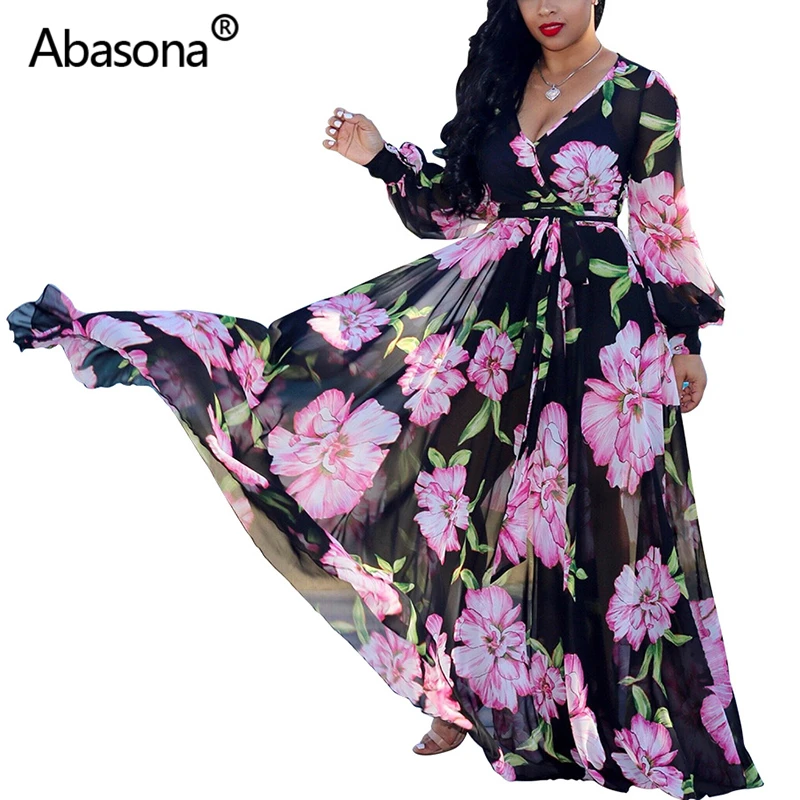 Abasona, шифоновое женское летнее длинное пляжное платье, цветочный принт, макси платье, большой подол, пояс, v-образный вырез, элегантные вечерние сексуальные платья для вечеринок - Цвет: Черный