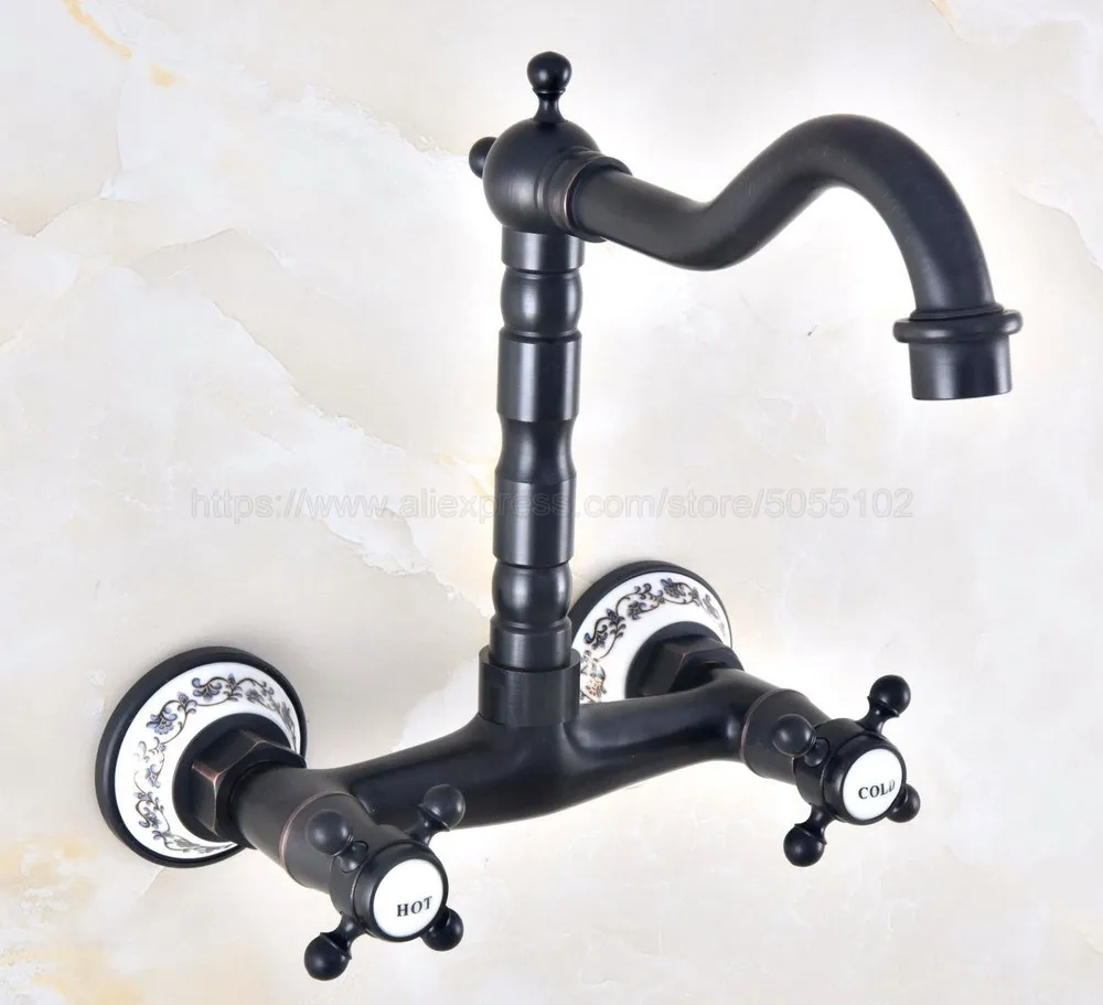 Wall Mounted Double Handle Oil Rubbed Bronze Swivel Spout Bathroom Basin Sink Mixer Tap Faucet znf460
